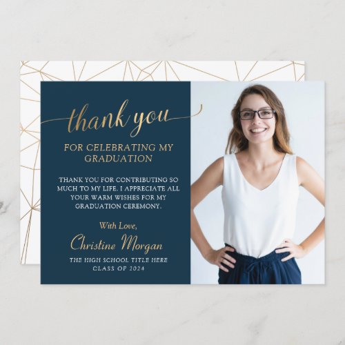 Elegant Gold Script Navy Blue Graduation Photo Tha Thank You Card