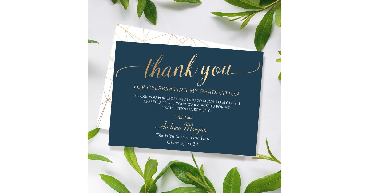 Elegant Gold Script Navy Blue Graduation Thank You Card | Zazzle