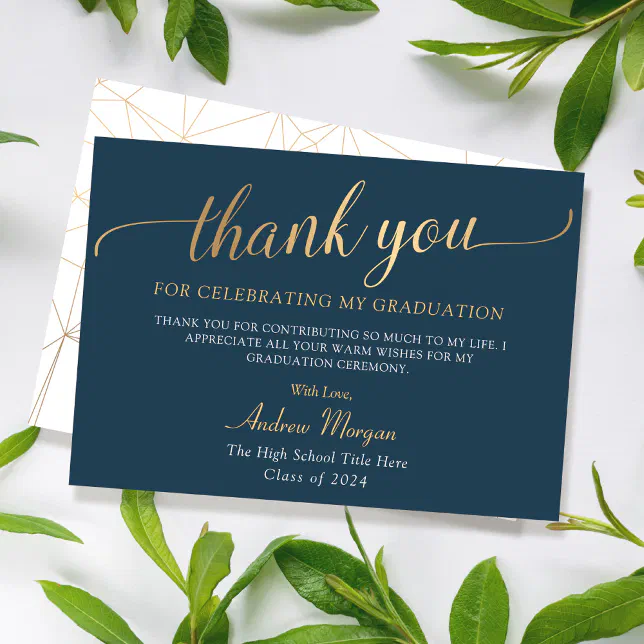 Elegant Gold Script Navy Blue Graduation Thank You Card | Zazzle