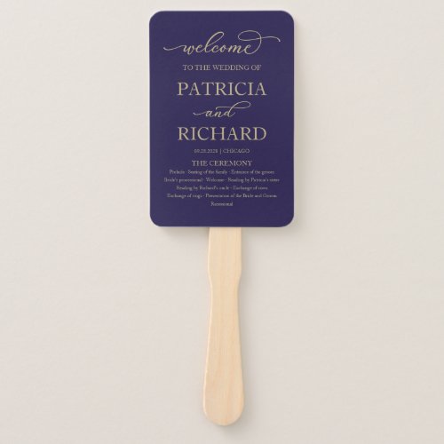 Elegant Gold Script Navy Blue Wedding Program Hand Fan