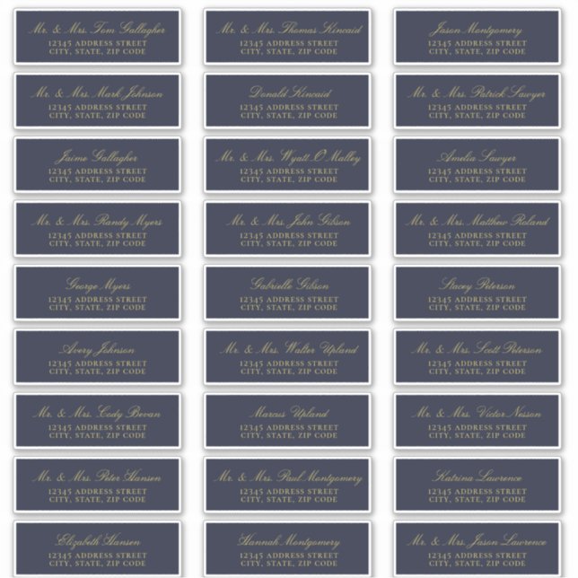 Elegant Gold Script Navy Guest Address Labels (Front)