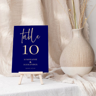 Elegant Gold Script Navy Names Date Table Number