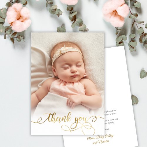 Elegant Gold Script Newborn Baby Photo Thank You