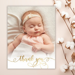 Elegant Gold Script Newborn Baby Photo Thank You Postcard