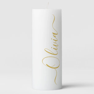Elegant Gold Script Olivia Name White Pillar Candl Candle