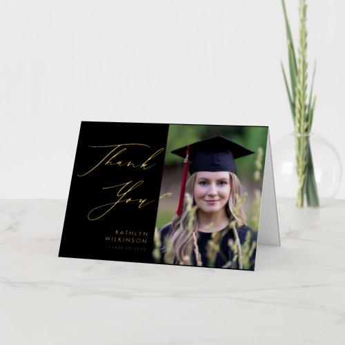 Elegant Gold Script on Black Graduation Thank You Foil Greeting Card