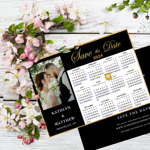 Elegant Gold Script on Black Photo 2024 Calendar Save The Date