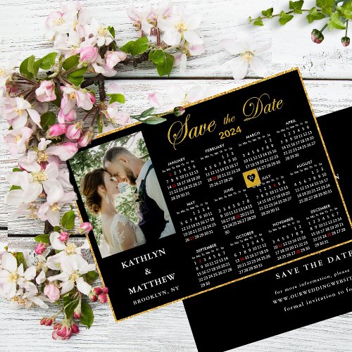 Elegant Gold Script on Black Photo 2024 Calendar Save The Date