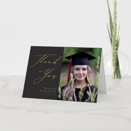 Elegant Gold Script on Grey Graduation Thank You Foil Greeting Card