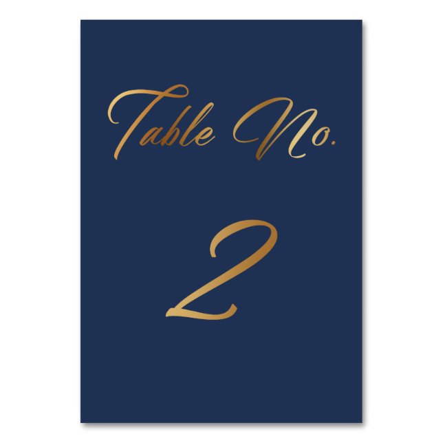 Elegant Gold Script on Navy Table Number 2 Card (Front)