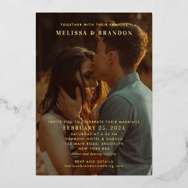 Elegant Gold Script Overlay Photo Wedding Foil Invitation (Front)