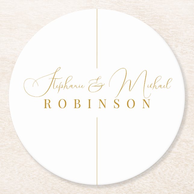 Elegant Gold Script Personalized Monogram Wedding Round Paper Coaster (Front)