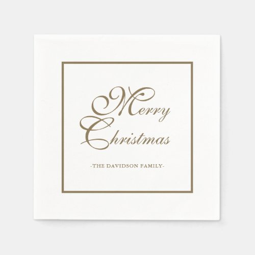 Elegant Gold Script Personalized White Christmas Napkins