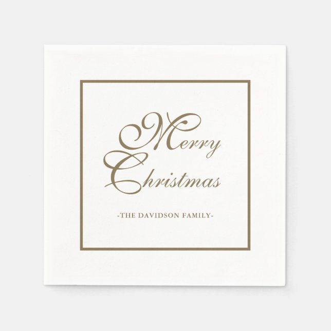 Elegant Gold Script Personalized White Christmas Napkins (Front)