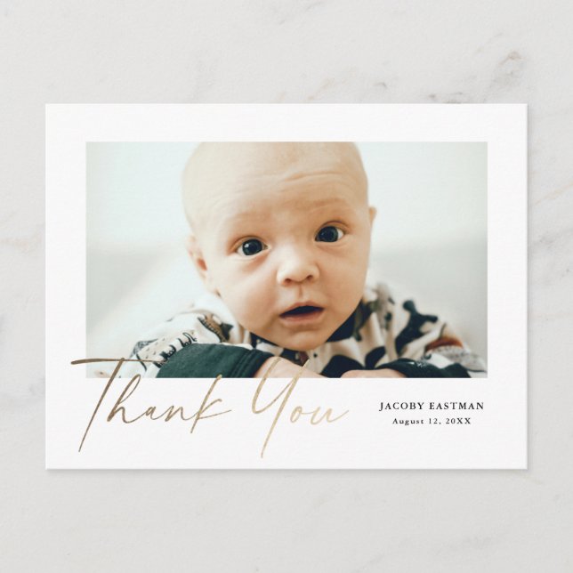 Elegant Gold Script Photo Baby Thank You Postcard (Front)