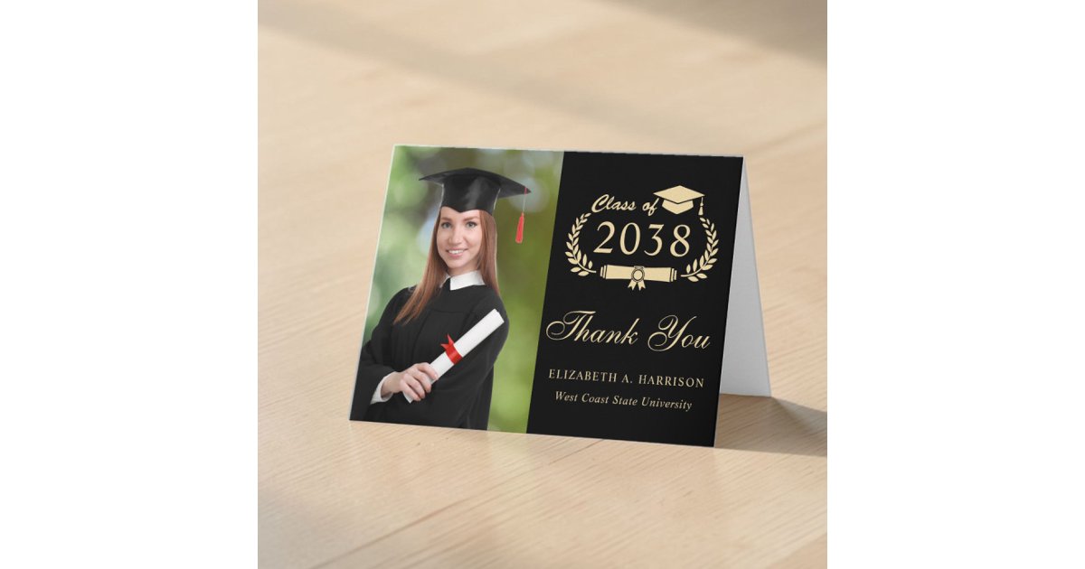 Elegant Gold Script Photo Black Graduation Thank You Card | Zazzle