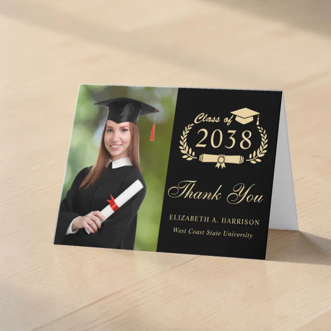 Elegant Gold Script Photo Black Graduation Thank You Card | Zazzle