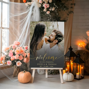 Elegant Gold Script Photo Black Wedding Sign