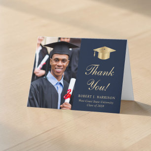 Elegant Gold Script Photo Blue Graduation Letterpress Thank You Card