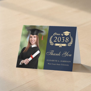 Elegant Gold Script Photo Blue Graduation Letterpress Thank You Card