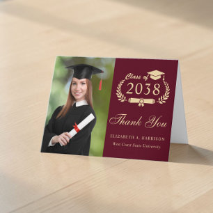 Elegant Gold Script Photo Burgundy Graduation Thank You Card