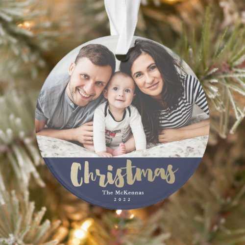 Elegant Gold Script Photo Christmas Ornament