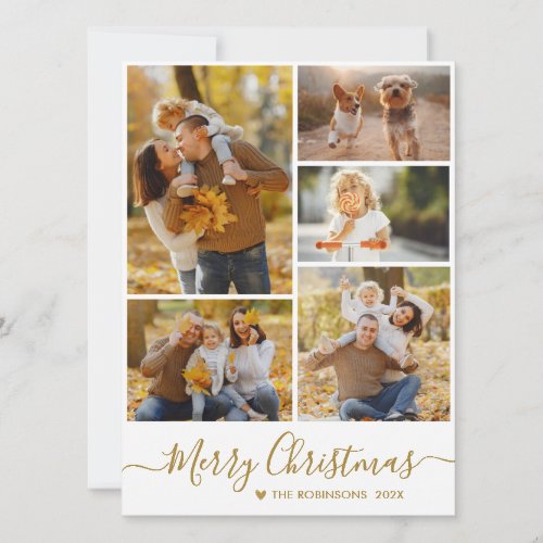 Elegant Gold Script Photo Collage Christmas Holiday Card