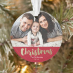 Elegant Gold Script photo family holiday Christmas Ornament<br><div class="desc">A simple Christmas ornament featuring large photo with gold script Christmas lettering. The background color is completely customizable to easily match the color scheme of your photograph(s).</div>