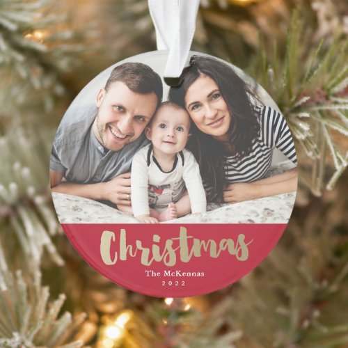 Elegant Gold Script photo family holiday Christmas Ornament