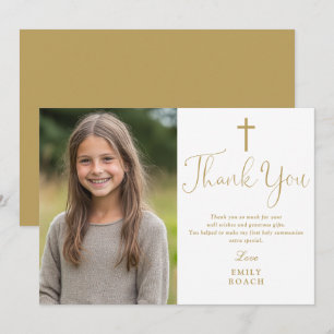 Elegant Gold Script Photo First Holy Communion Thank You Card