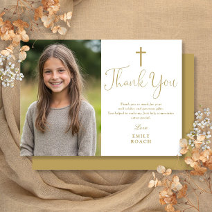 Elegant Gold Script Photo First Holy Communion Thank You Card