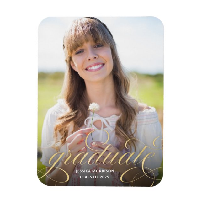 Elegant Gold Script Photo Graduation Announcement Magnet (Vertical)