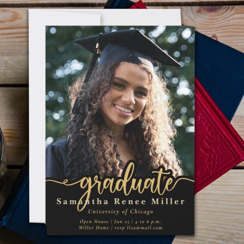 Elegant Gold Script Photo Graduation  Invitation