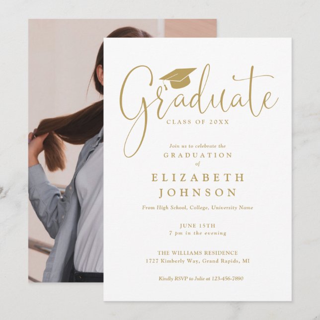 Elegant Gold Script Photo Graduation Party Invitation (Front/Back)