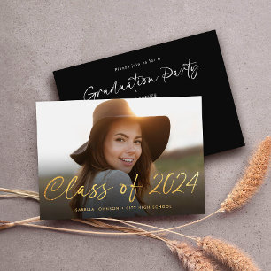 Elegant Gold Script Photo Graduation Party Invitation