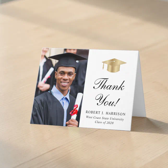Elegant Gold Script Photo Graduation Thank You Card | Zazzle