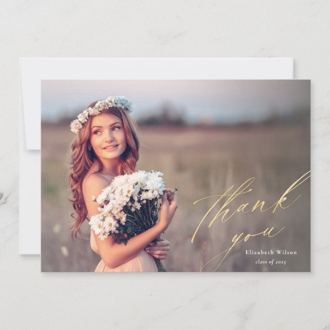 Elegant Gold Script Photo Graduation Thank You Card (Front)