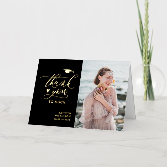 Elegant Gold Script Photo Graduation Thank You Foil Greeting Card (Front)