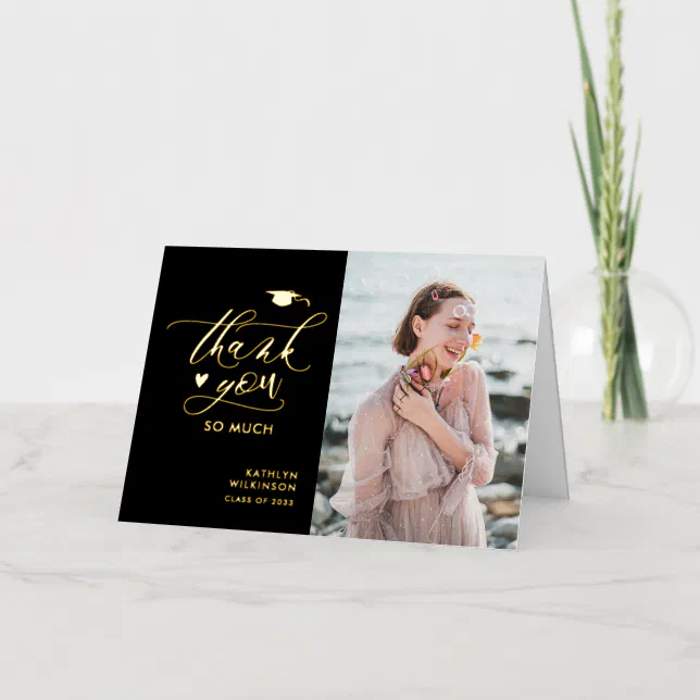 Elegant Gold Script Photo Graduation Thank You Foil Greeting Card | Zazzle