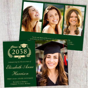 Elegant Gold Script Photo Green College Graduation Announcement