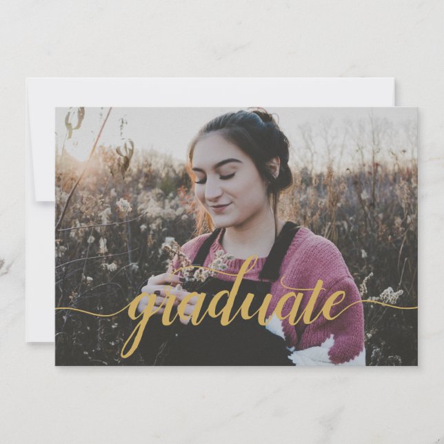 Elegant Gold Script Photo High School Graduation Announcement (Front)