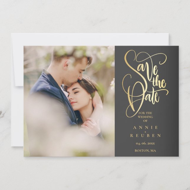 Elegant Gold Script Photo Modern Save the Date (Front)