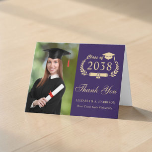 Elegant Gold Script Photo Purple Graduation Letterpress Thank You Card