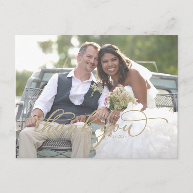 Elegant Gold Script Photo Thank You Postcard (Front)