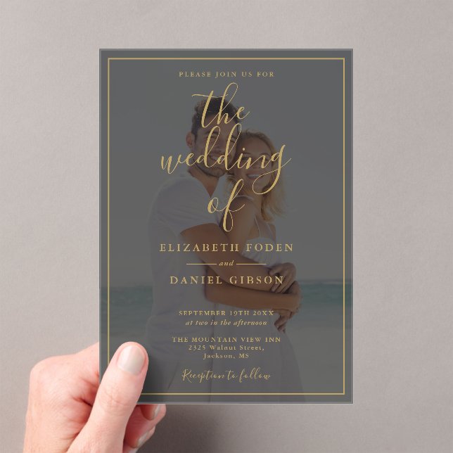 Elegant Gold Script Photo Wedding Acrylic Invitations (Insitu (Handheld))