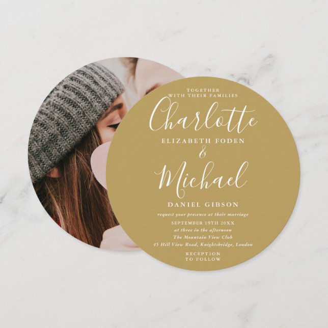 Elegant Gold Script Photo Wedding Circular Invitation (Front/Back)