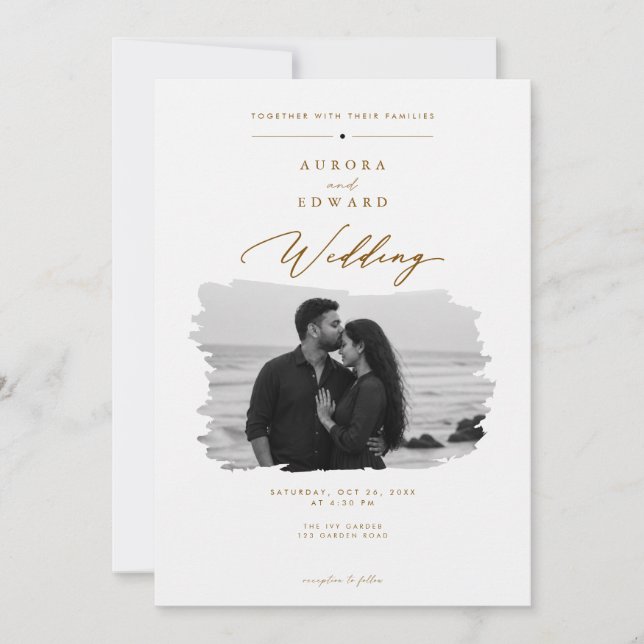 Elegant Gold Script Photo Wedding Invitation. Invitation (Front)