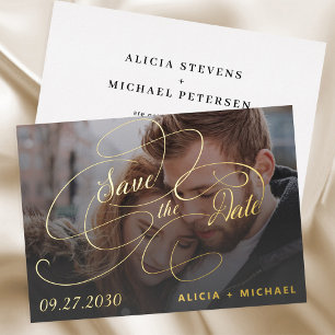 Elegant gold script photo wedding save the date foil invitation
