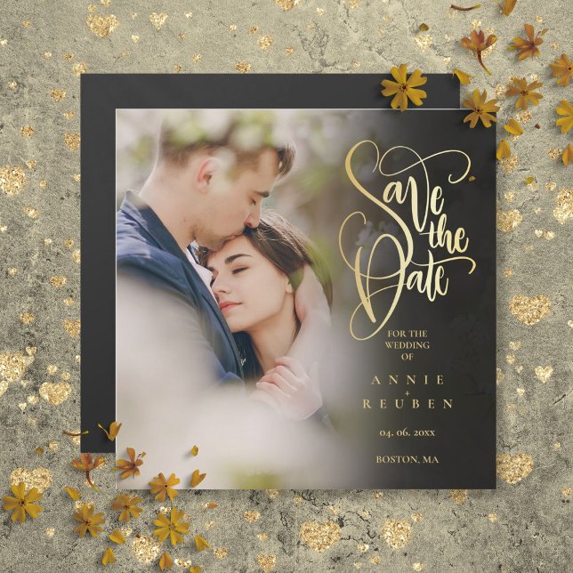Elegant Gold Script Photo Wedding Save the Date  Magnetic Invitation (Elegant Gold Script Photo Wedding Save the Date Magnetic Invitation)