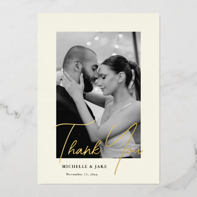 Elegant Gold Script Photo Wedding Thank You Card | Zazzle